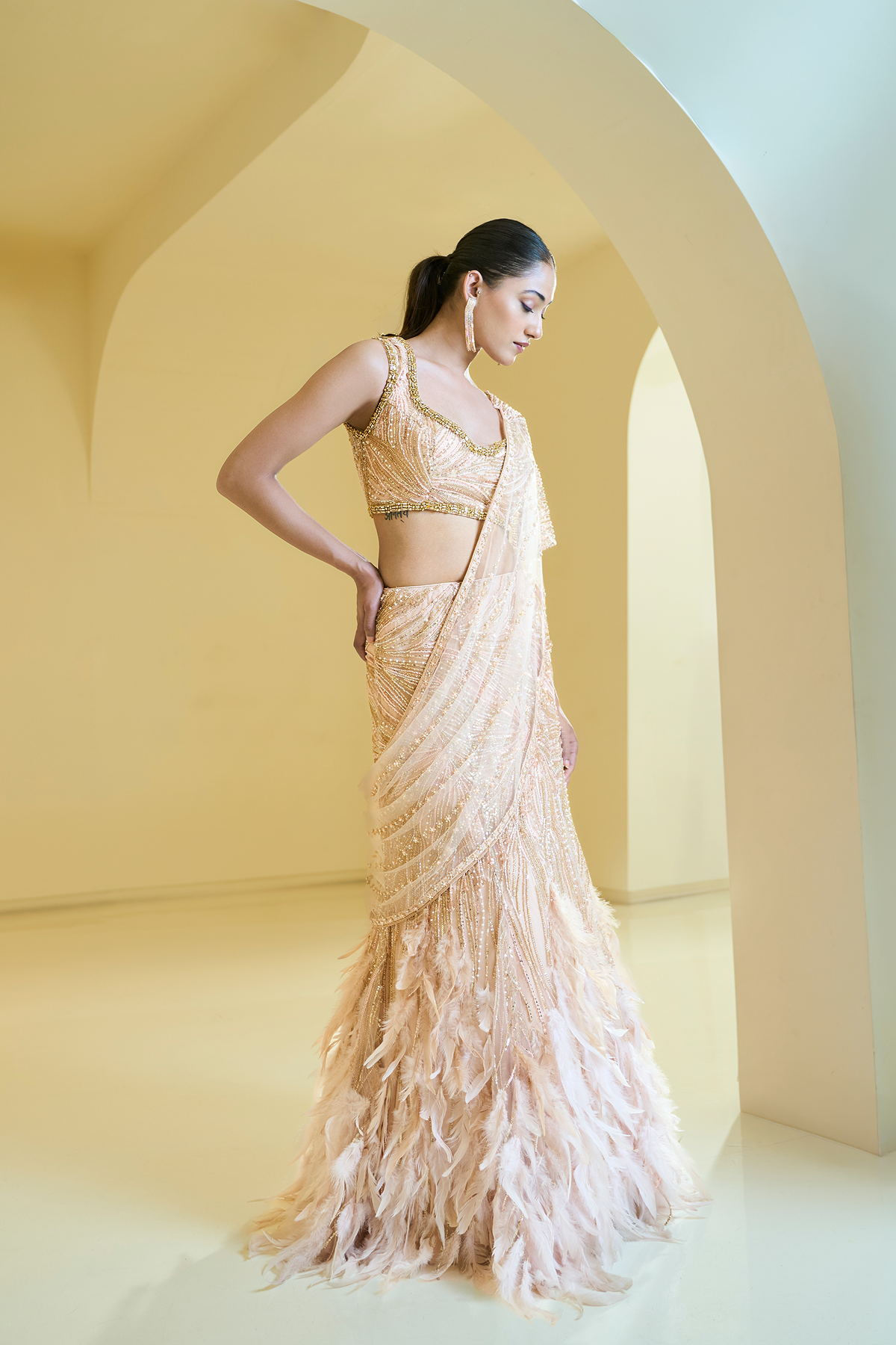 PEACH FEATHER LEHENGA WITH DRAPE PALLA
