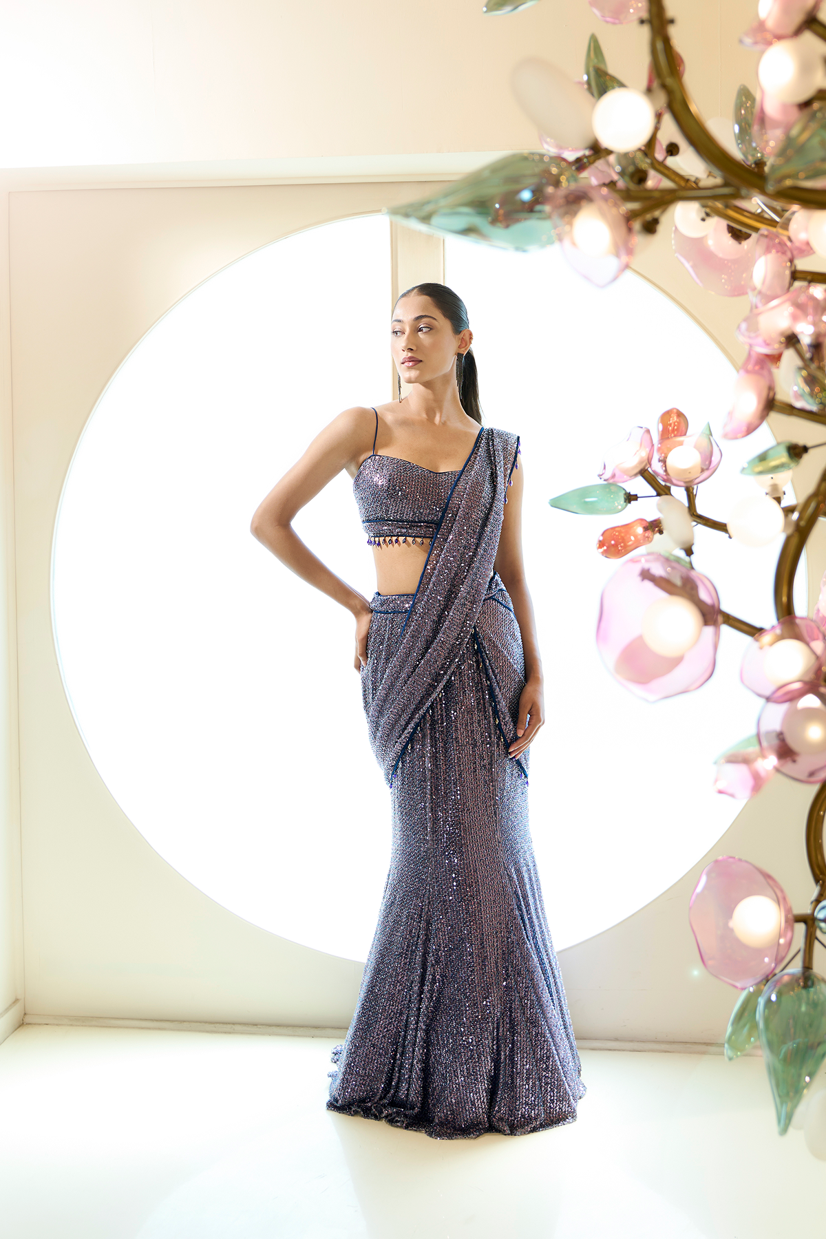 AMYTHYST BEADED LEHENGA WITH ATTACHED DRAPE