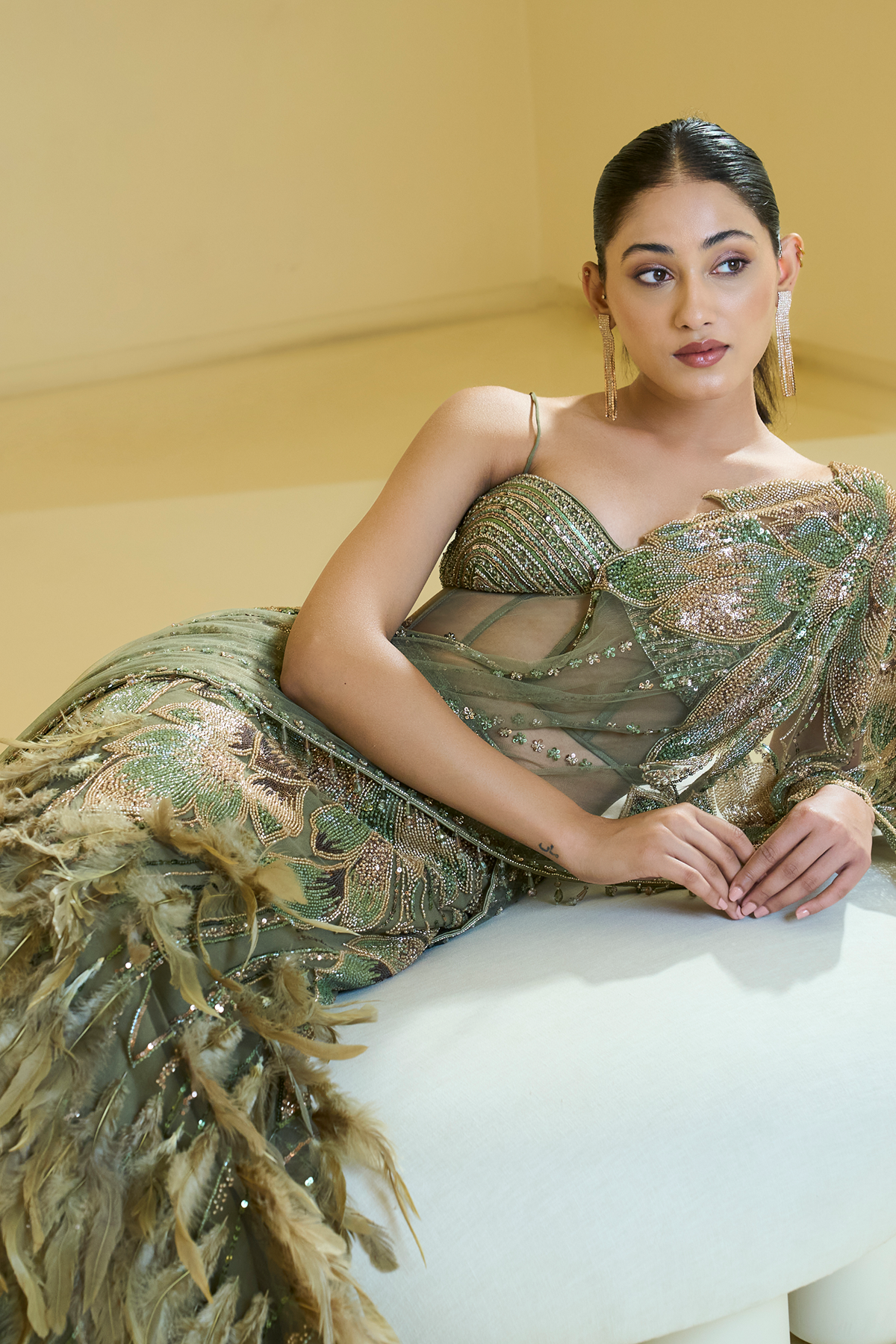 MOSS GREEN FEATHER LEHENGA SAREE SET