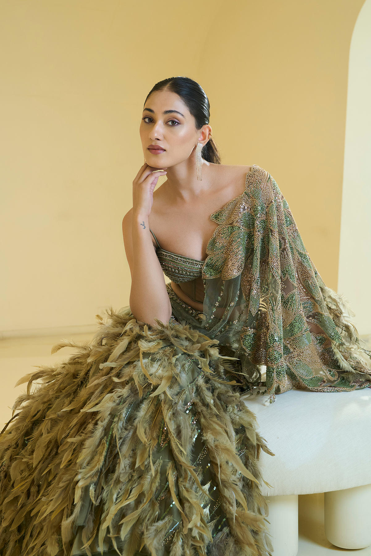 MOSS GREEN FEATHER LEHENGA SAREE SET