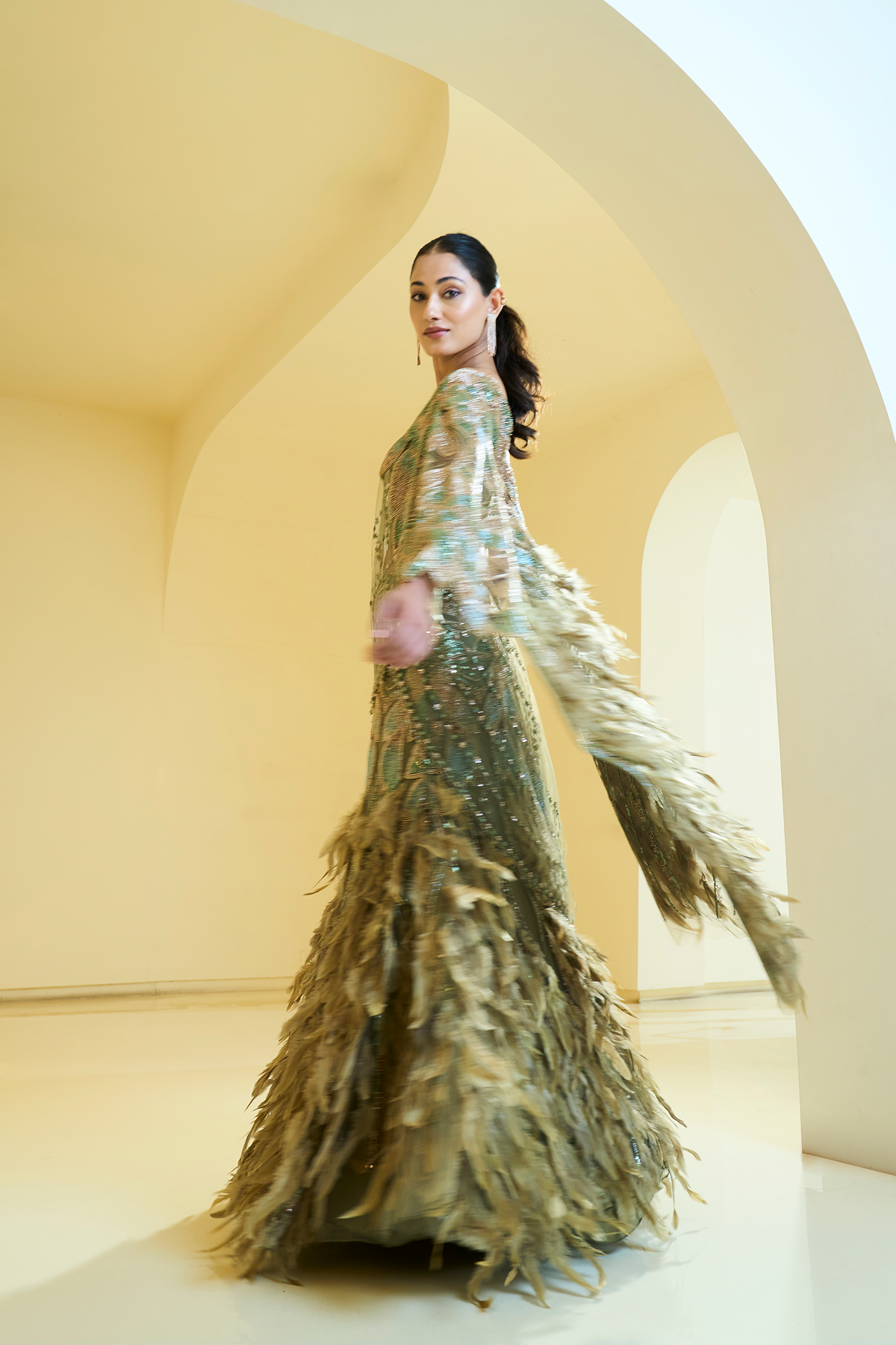 MOSS GREEN FEATHER LEHENGA SAREE SET