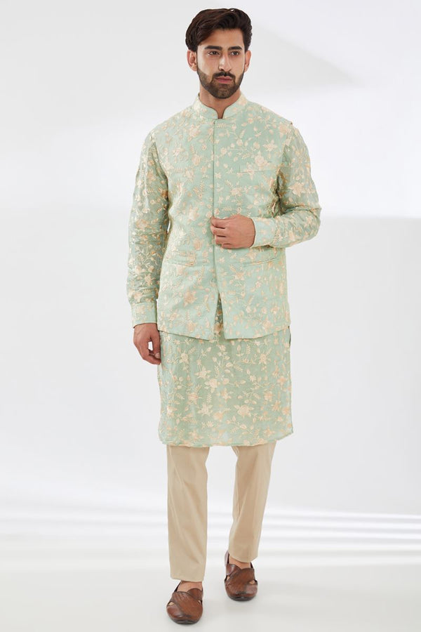 SAGE GREEN PARSI GARA EMBROIDERED UNLINED SILK  KURTA AND  BUNDI WITH BEIGE PANTS
