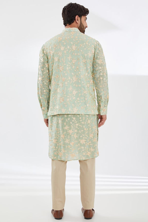 SAGE GREEN PARSI GARA EMBROIDERED UNLINED SILK  KURTA AND  BUNDI WITH BEIGE PANTS