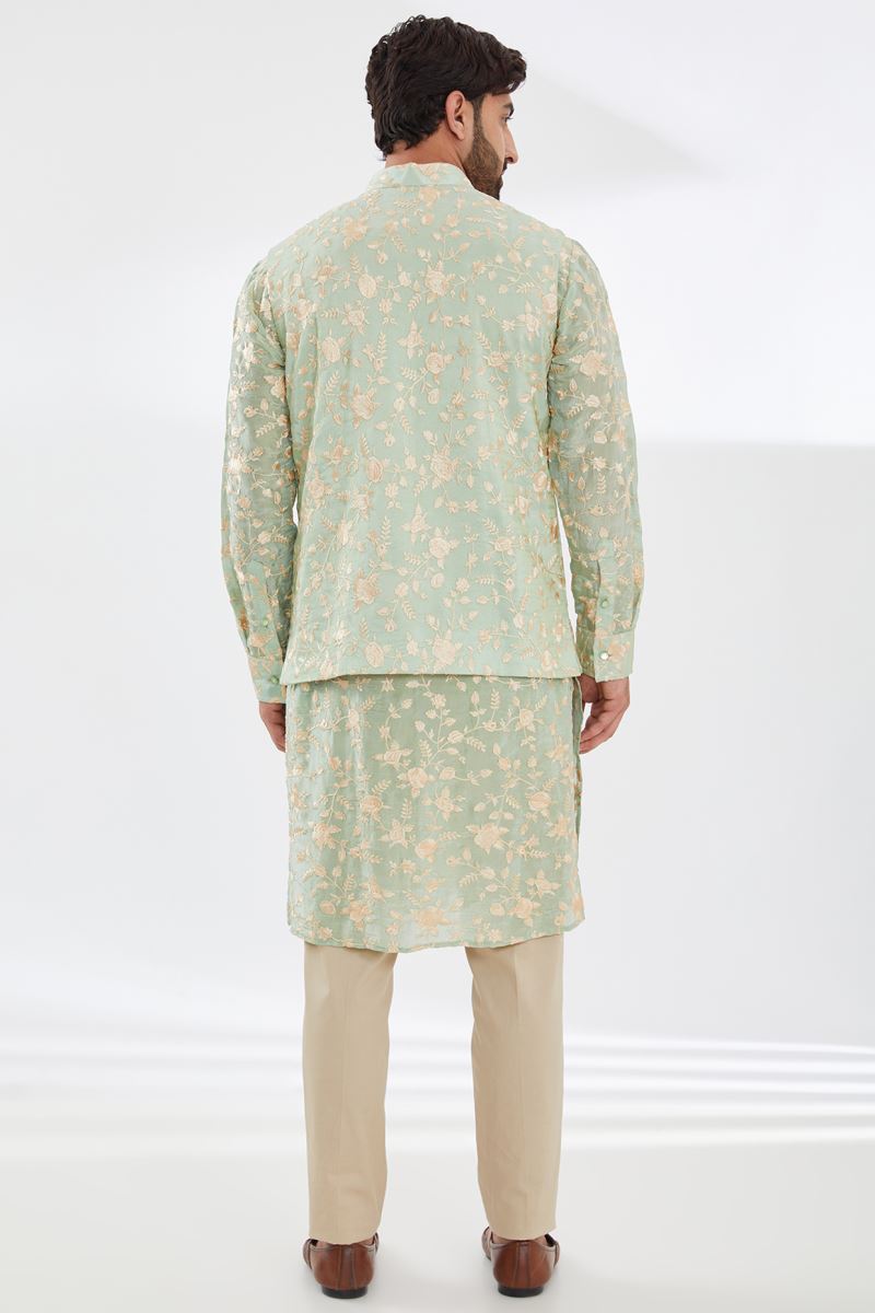 SAGE GREEN PARSI GARA EMBROIDERED UNLINED SILK  KURTA AND  BUNDI WITH BEIGE PANTS