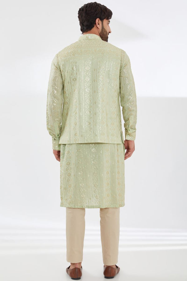 SAGE GREEN WITH GOLD SEQUINS EMBROIDERED UNLINED GEORGETTE KURTA WITH BUNDI AND BEIGE PANTS