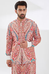 WHITE MULTI RESHAM UNLINED KURTA AND BUNDI WITH PANTS