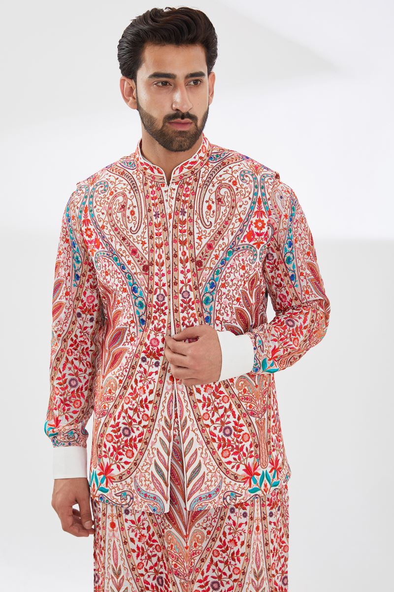 WHITE MULTI RESHAM UNLINED KURTA AND BUNDI WITH PANTS