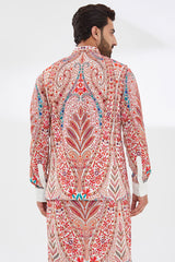 WHITE MULTI RESHAM UNLINED KURTA AND BUNDI WITH PANTS