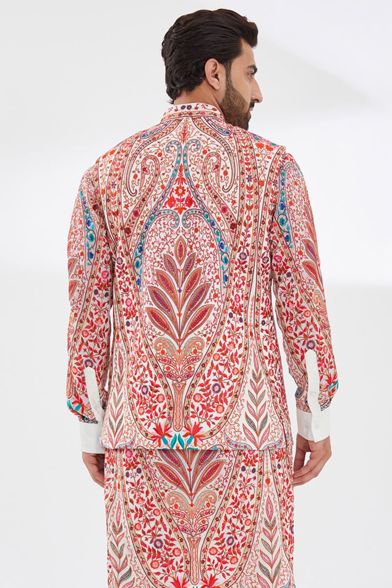 WHITE MULTI RESHAM UNLINED KURTA AND BUNDI WITH PANTS