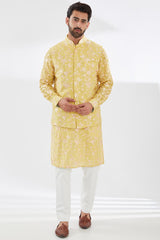 YELLOW PARSI GARA EMBROIDERED UNLINED SILK KURTA AND BUNDI WITH BEIGE PANTS