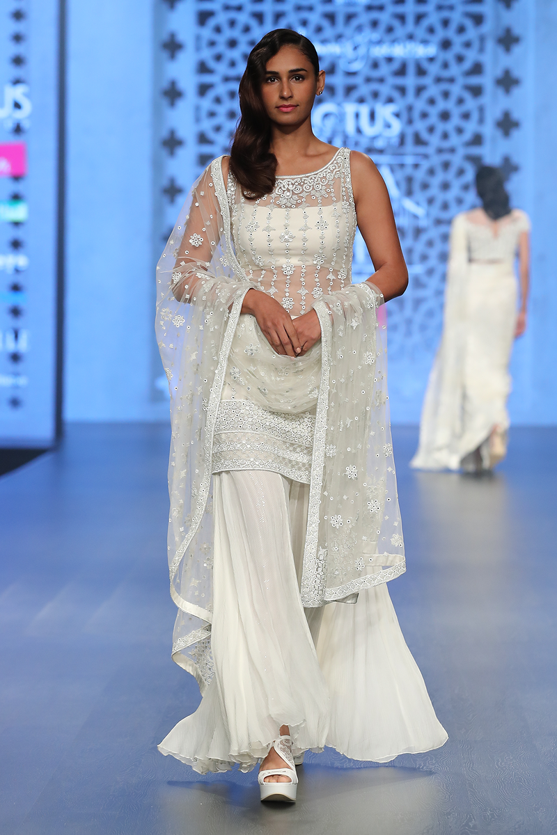 Ivory Net Fully Hand Embroidered Kurta With Sheeting Sharara