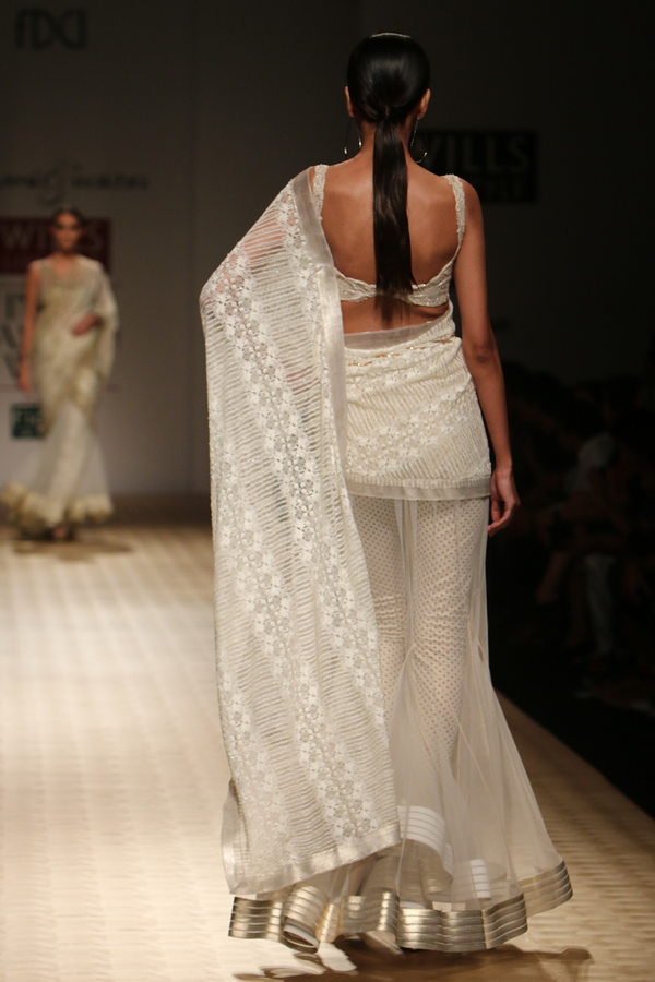 Ivory 18 Meter Net Frill Lehenga Sari Set with Beaded Lace Drape Palla with Diamond Churi Trouser