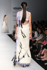 Ivory Hakoba Lace W. Net Pleats W. Tassels Work Drape Sari W. Blue Print W/ Net Jr-4  Blouse W/Lace Crino Petticoat W/ Tassles Drape