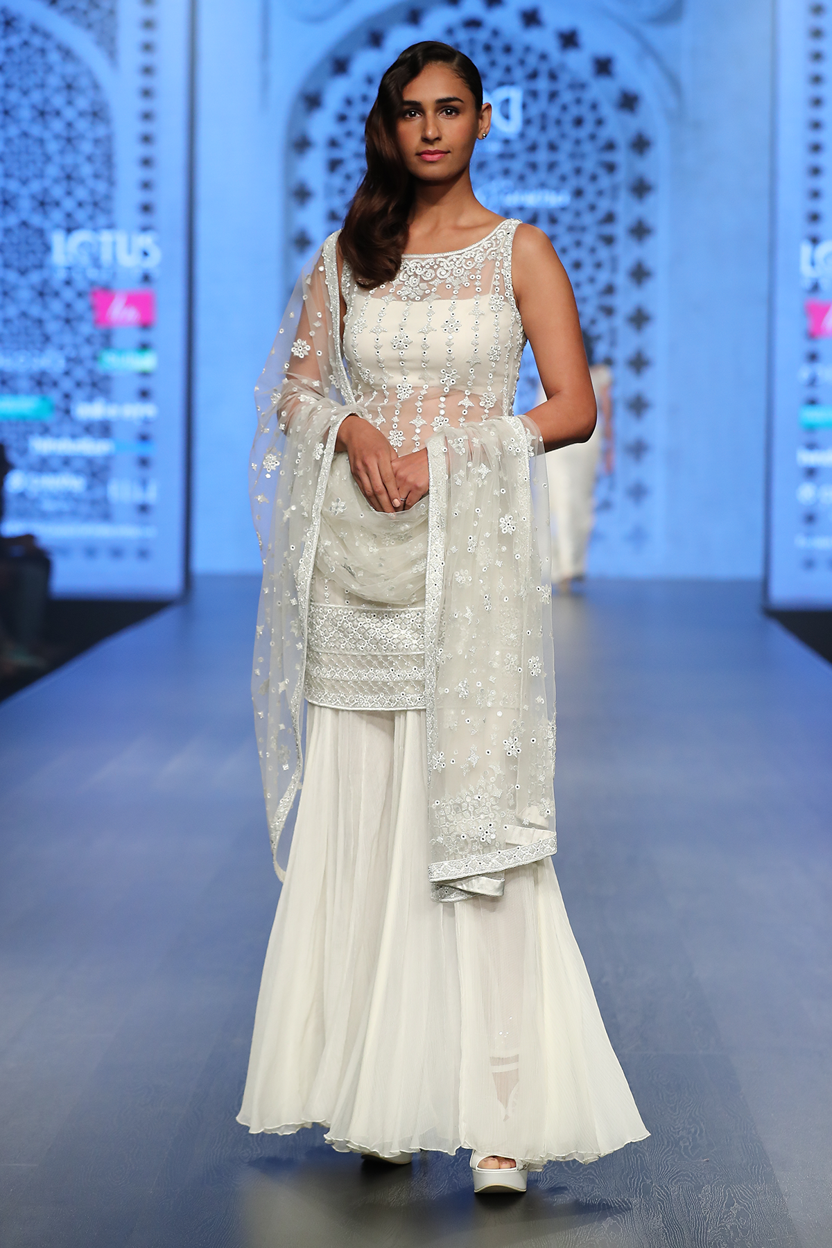Ivory Net Fully Hand Embroidered Kurta With Sheeting Sharara