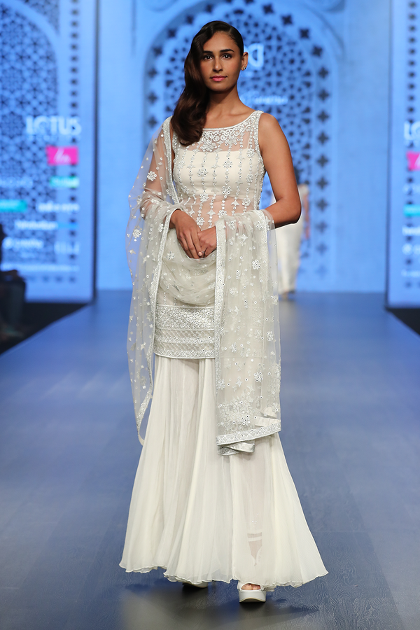 Ivory Net Fully Hand Embroidered Kurta With Sheeting Sharara