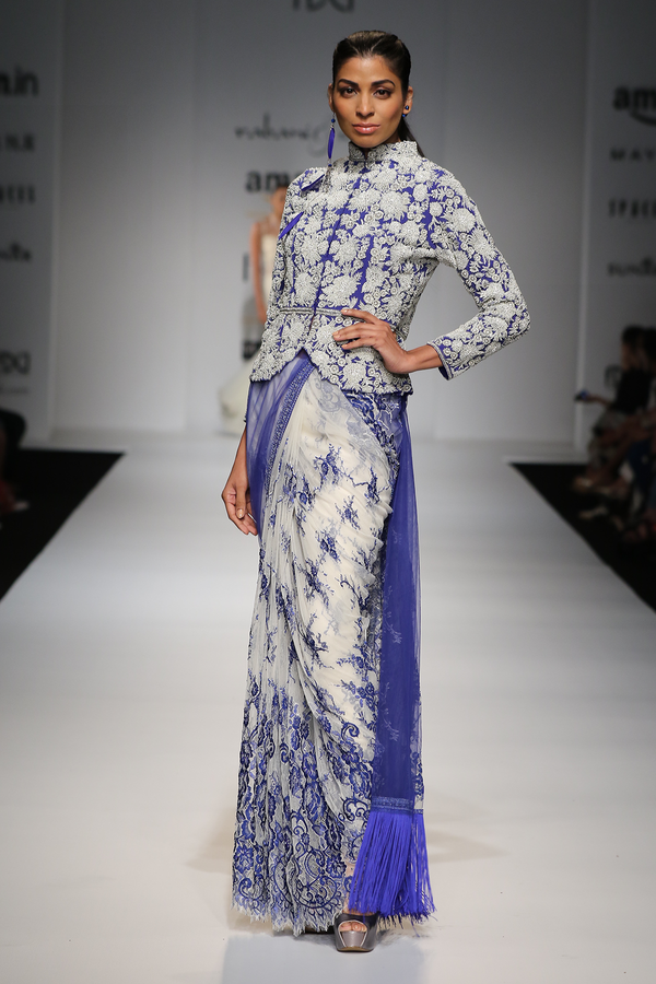 Blue Srr-4 Fully Pearl Flower Jacket Wivory /Blue Net Lace Sari W/ Lace Trouser