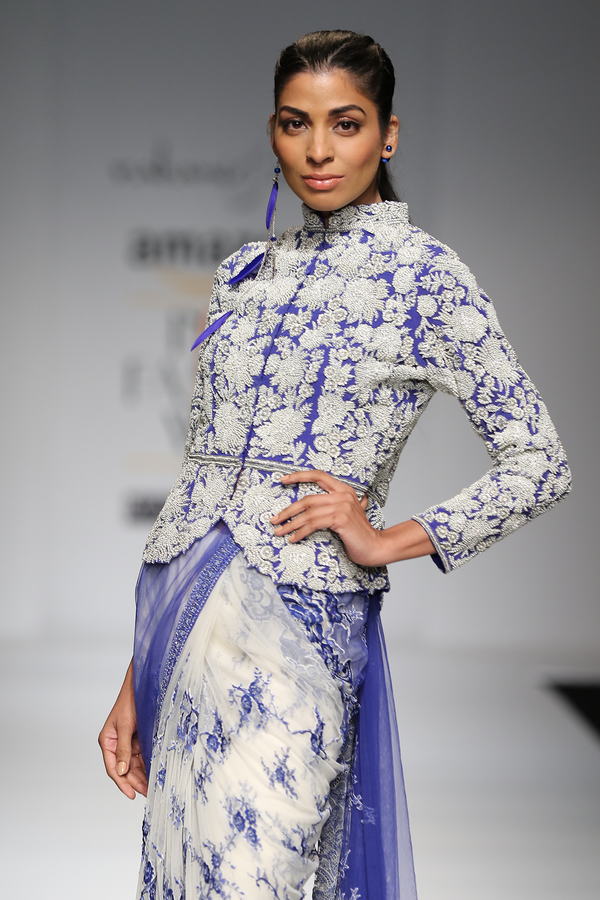 Blue Srr-4 Fully Pearl Flower Jacket Wivory /Blue Net Lace Sari W/ Lace Trouser