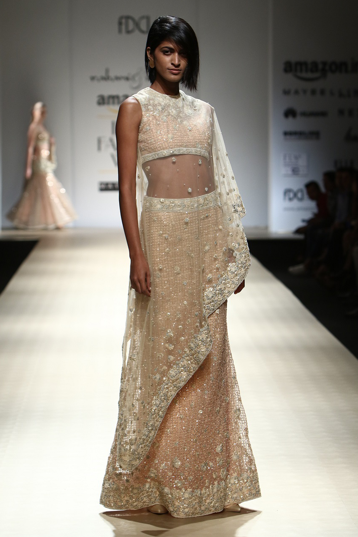 Honey Mesh Blouse W. Triangle Cape W. Mesh Skirt W/ Net Triangle Resham 3D Embroidered Cape