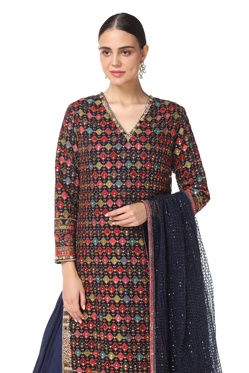 Rabia Long Kurta w/Raw Silk Lehenga Set w/Sequin Mesh Dupatta