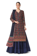 Rabia Long Kurta w/Raw Silk Lehenga Set w/Sequin Mesh Dupatta