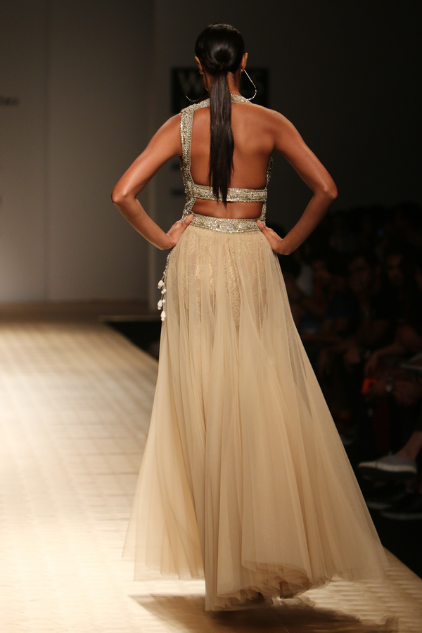 Gold Net Poof Nizam Belts One Shoulder with Roses Lace & Sheeted  Bustier Gown with Roses Lace Churi Trouser