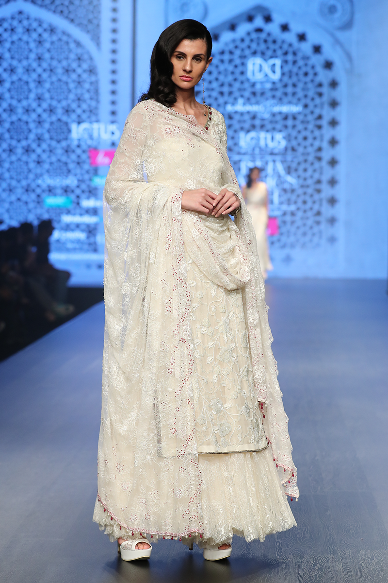 Ivory G-60 Gold Foil Fully Hand Embroidered Long Kurta W/ Lace Bustier W. Lace Sharara