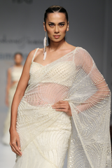 Ivory Net Pearlfern Jaal Drape  W/ Net Kali Godes Lehenga Saree W Lace Crino Petticoat + Tablet Blouse