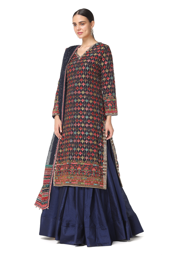 Rabia Long Kurta w/Raw Silk Lehenga Set w/Sequin Mesh Dupatta
