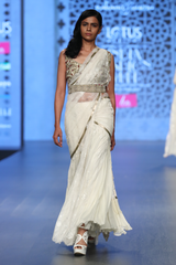 Ivory Net Fully Hand Embroidered Long Cape/Busiter/Belt/Lace Pre Stitched Skirt & Drape
