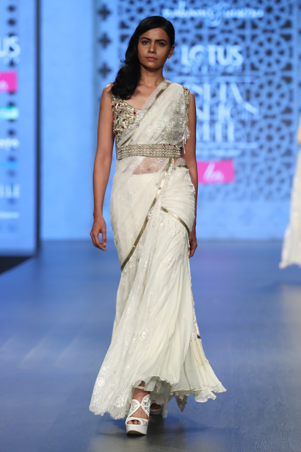Ivory Net Fully Hand Embroidered Long Cape/Busiter/Belt/Lace Pre Stitched Skirt & Drape