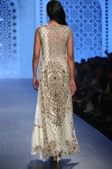 Ivory Net Fully Hand Embroidered Long Cape/Busiter/Belt/Lace Pre Stitched Skirt & Drape