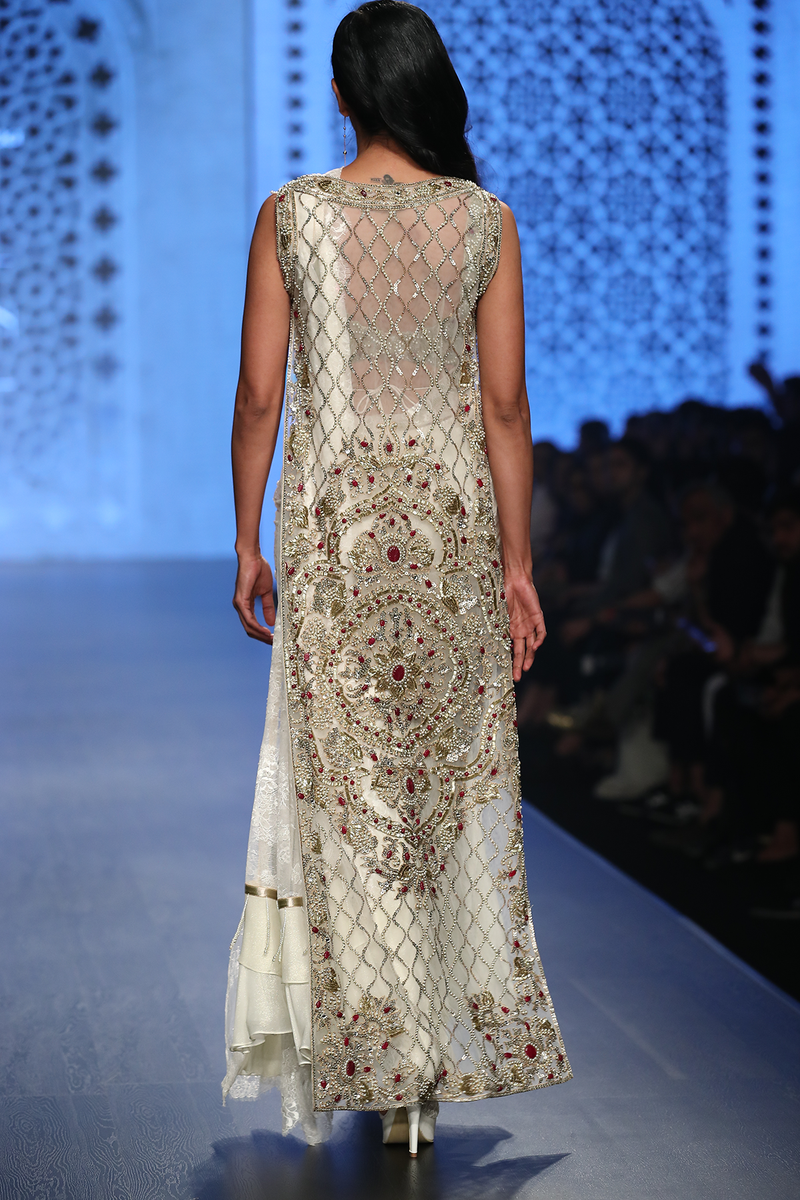 Ivory Net Fully Hand Embroidered Long Cape/Busiter/Belt/Lace Pre Stitched Skirt & Drape