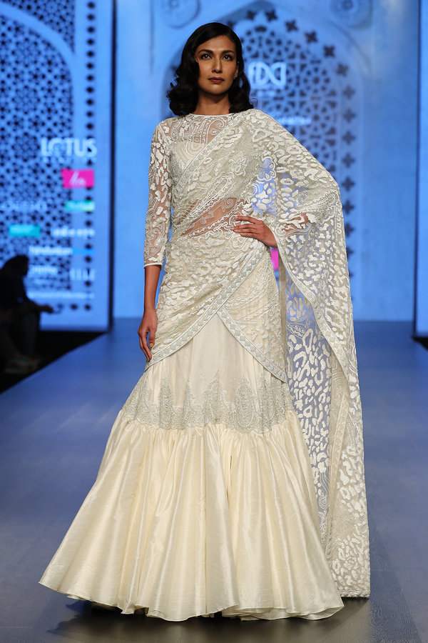 Ivory Net Blouse W. Tone On Tone Fully Hand Embroidery W/Heavy Net Drape W.Silk Dupion Skirt