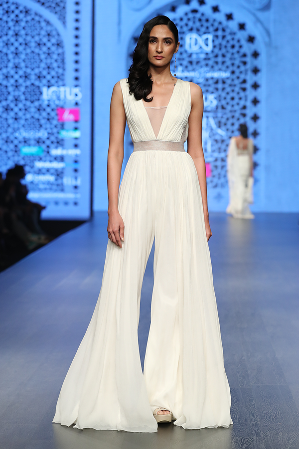 IVORY CHIFFON ROUGHED JUMPSUIT WITH GREEN TASSELS AT BACK