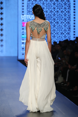 Ivory Chiffon Roughed Jumpsuit W. Green Tassels At Back