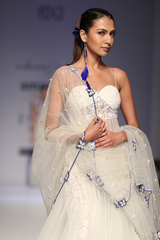 Ivory Net Poof W/ Sequin Bustier Gown W. Net Butterfly Border Sari Drape W. Lace Trouser