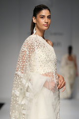 Ivory Flower & Flames 2.5 Meter Drape W/Net Frill Lehenga Sari Set W/G-60 Sheeted Skirt W/Lace Corset