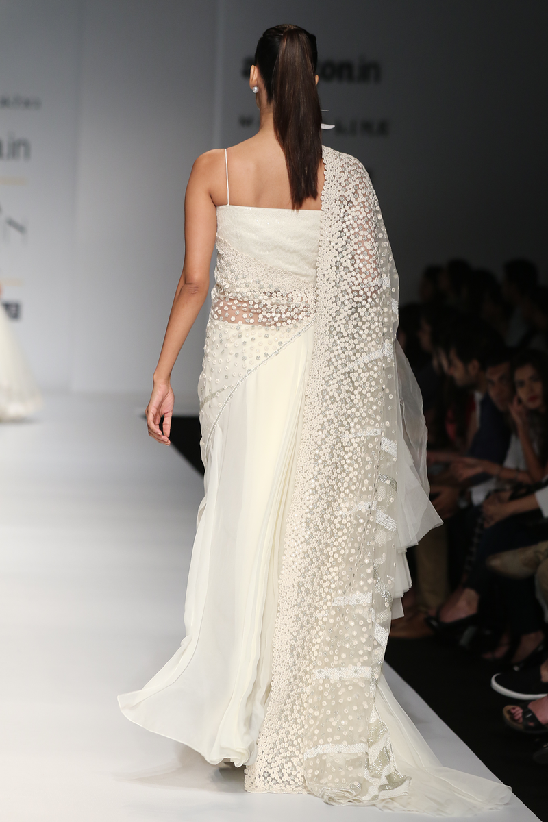 Ivory Flower & Flames 2.5 Meter Drape W/Net Frill Lehenga Sari Set W/G-60 Sheeted Skirt W/Lace Corset