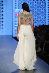 IVORY CHIFFON ROUGHED JUMPSUIT WITH GREEN TASSELS AT BACK