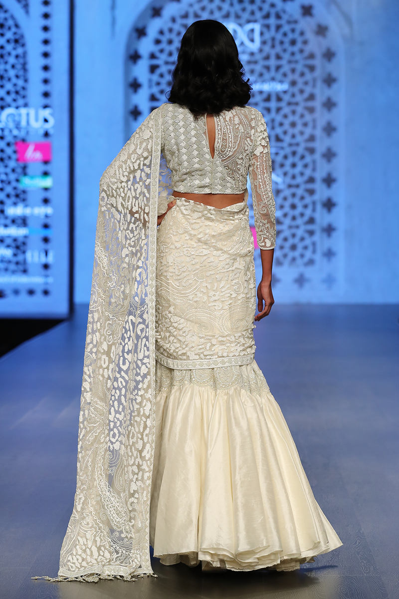 Ivory Net Blouse W. Tone On Tone Fully Hand Embroidery W/Heavy Net Drape W.Silk Dupion Skirt