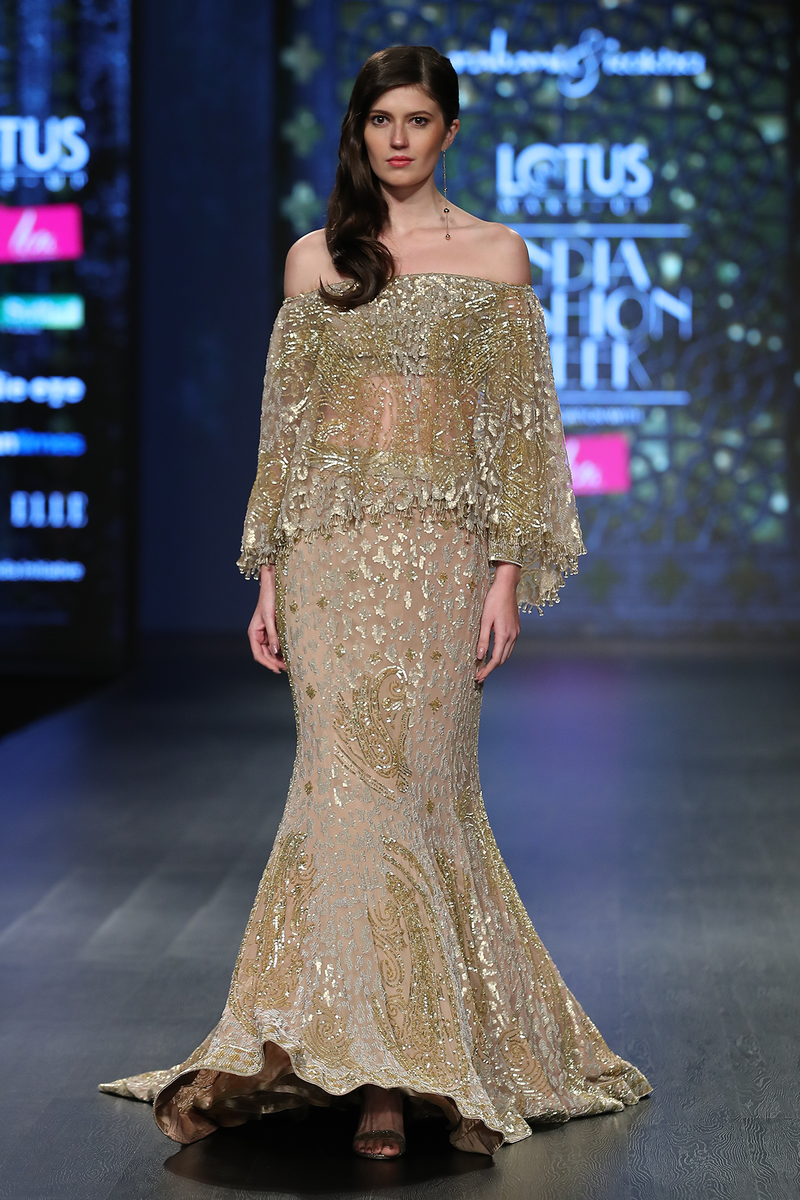 Gold Foil Georgette 6 Kali Fully Hand Embroidered A.P Burst Jaal Trail Skirt W. Fully Hand Embroidered Net Cape Attached Net Blouse