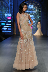 Gold Net A Line Fully Hand Embroidered P Burst Jaal Gown W 3 Chiffon 3 Net Shreads At Back W.