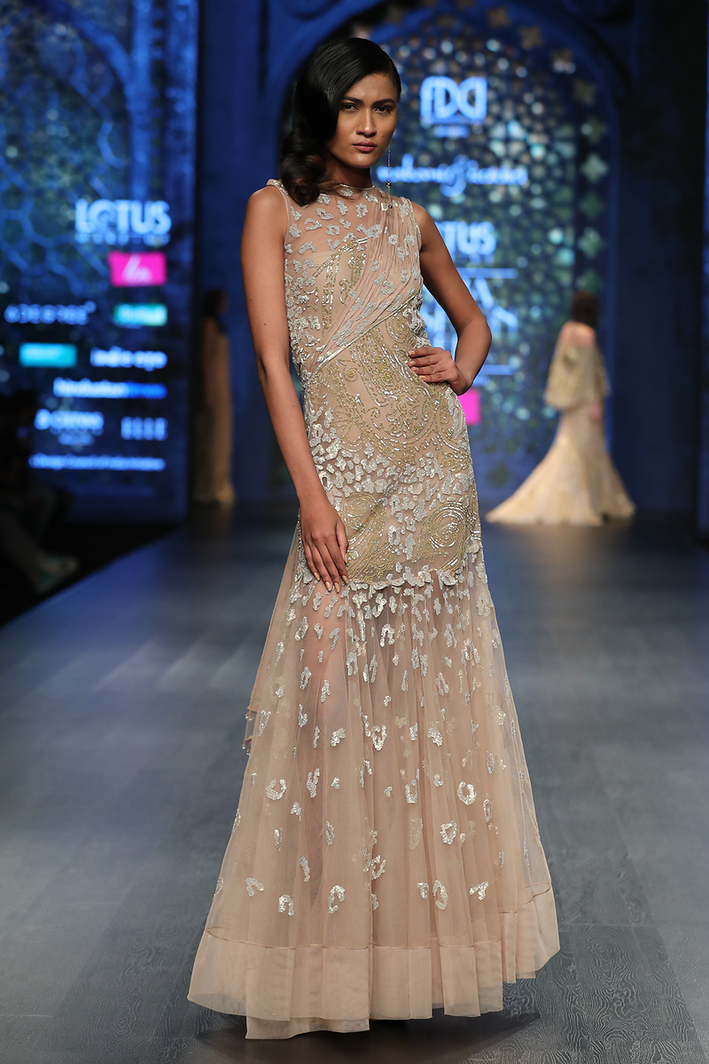 Gold Net A Line Fully Hand Embroidered P Burst Jaal Gown W 3 Chiffon 3 Net Shreads At Back W.