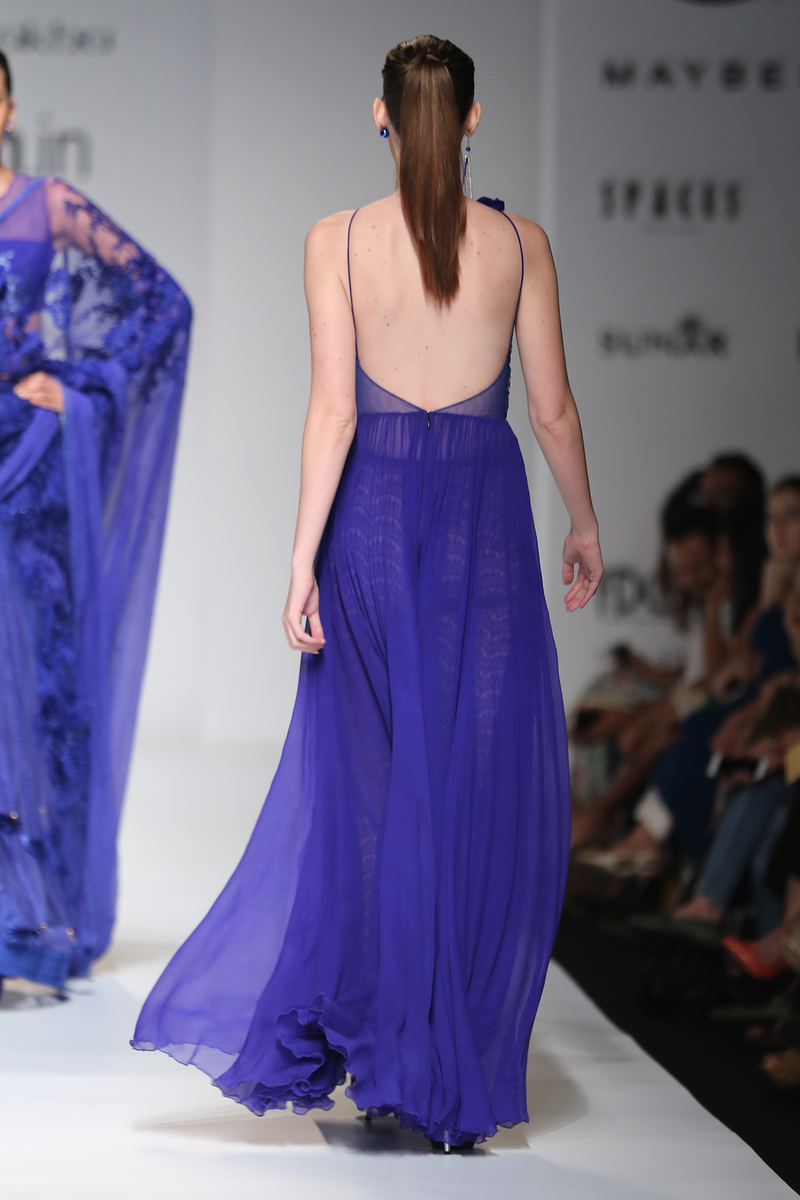 Blue Chiffon Roughed Catsuit W/Blue Crochet Yoke W. Lace Churidar Trouser