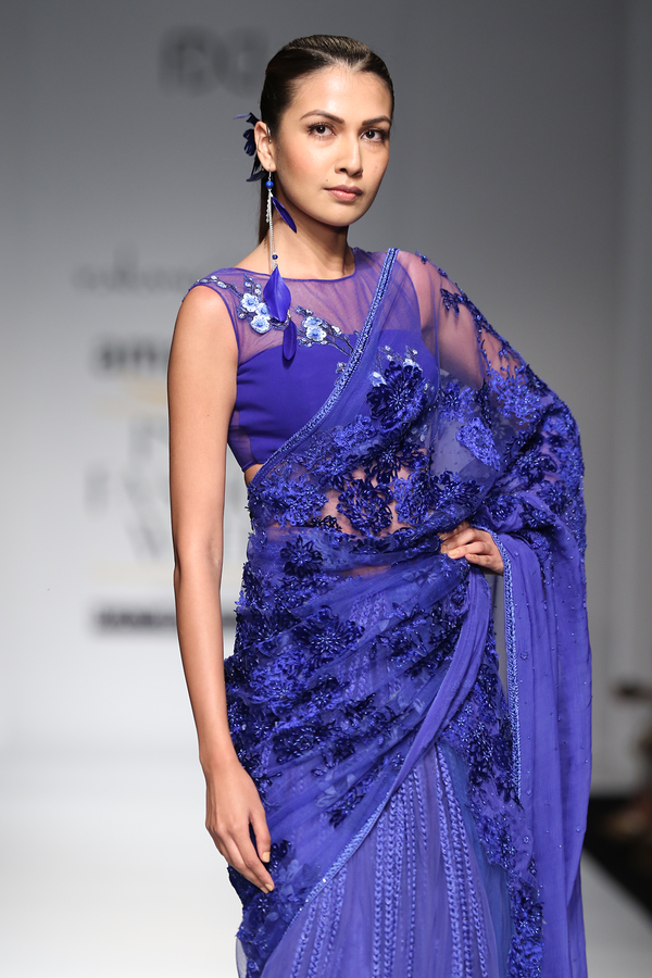 Blue Net Kali Tassles Lehenga W. Roses Palla W. Lace Crino Petticoat Sari Set
