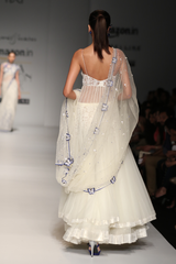 Ivory Net Poof W/ Sequin Bustier Gown W. Net Butterfly Border Sari Drape W. Lace Trouser
