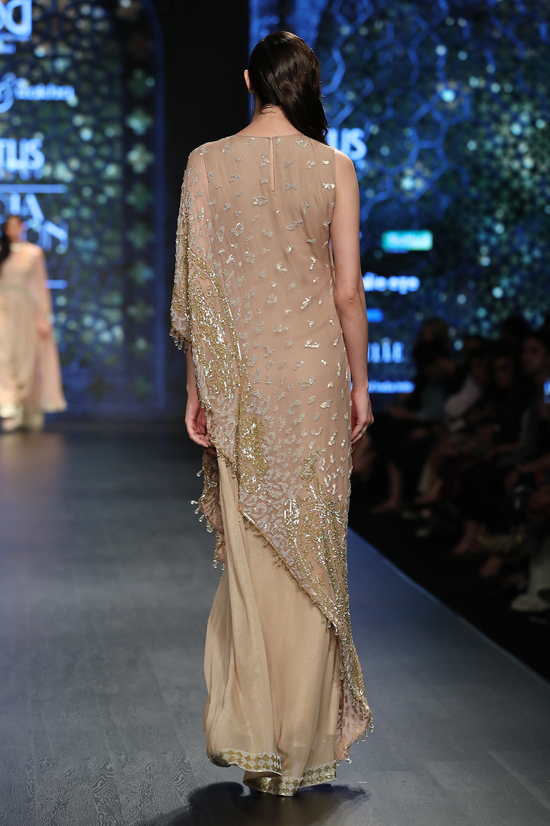 Gold Fully Hand Embroidered Chiffon Cape Gown