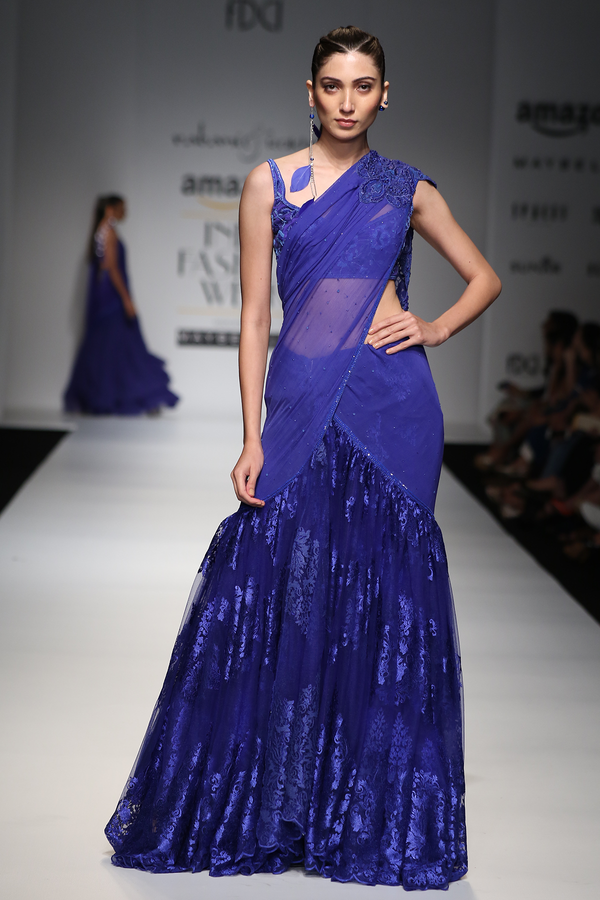 Blue Chiffon Tassles Drape W. Lace Lehenga Saree W/ Lace Crino Petticoat W/ Tot Roses Blouse