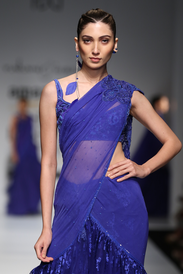 Blue Chiffon Tassles Drape W. Lace Lehenga Saree W/ Lace Crino Petticoat W/ Tot Roses Blouse