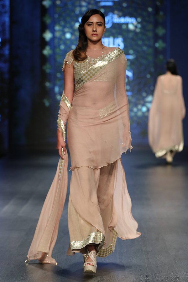 Gold Foil G-60 Palazzo W Chiffon Pleats & Drape W. Fully Hand Embroidered Blouse S 39